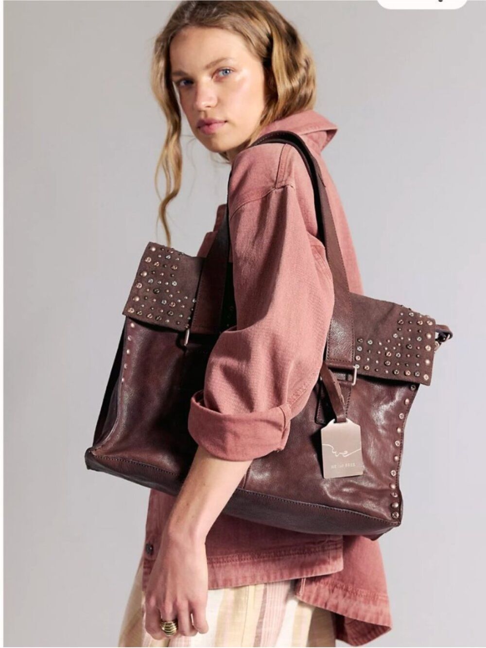 Free People Shay Tote Espresso Brown Studded Leather Satchel - Picture 2 of 10
